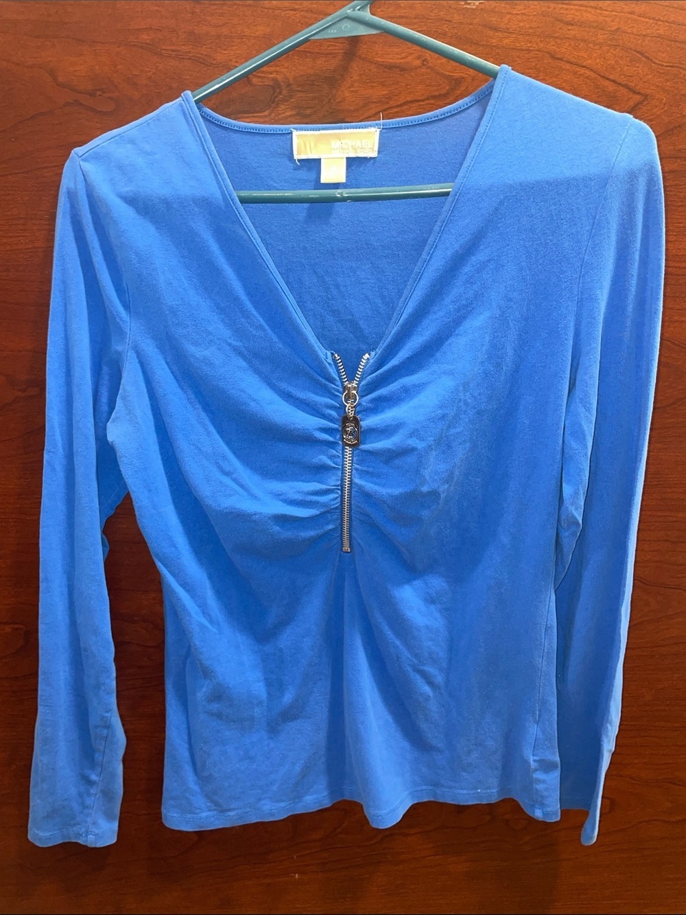 Michael Kors Light Blue Long Sleeve V-Neck Top with Zip Accent